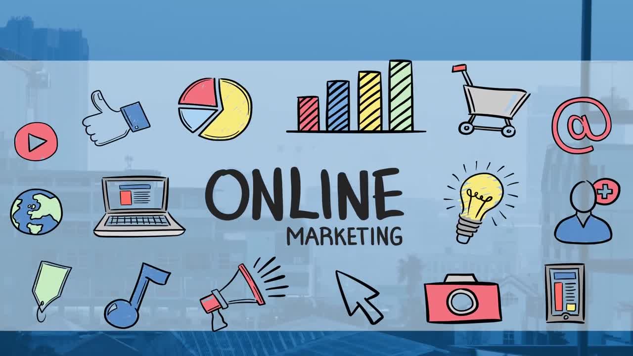 Animation of online marketing and drawings over cityscape