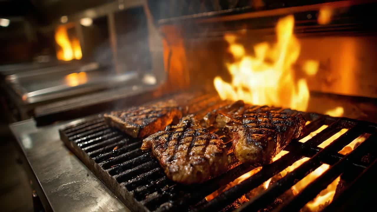 Bistecca alla griglia sfrigolante che cuoce alla perfezione su una griglia rovente, circondata da fiamme e fumo in un vivace ambiente di cucina