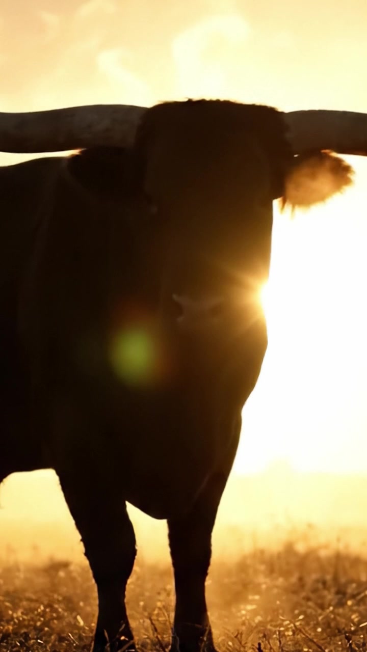 Sagome maestose: una vista ravvicinata di un toro contro una splendida alba dorata, che evidenzia la bellezza della natura e della vita rurale.