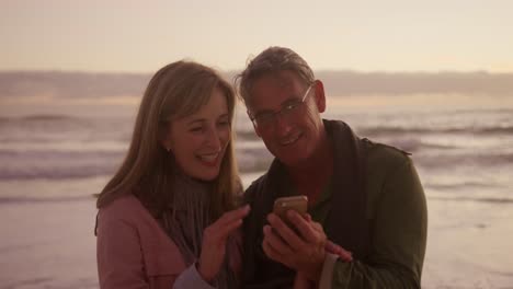 Pareja-Senior-Activa-Usando-El-Teléfono-En-La-Playa