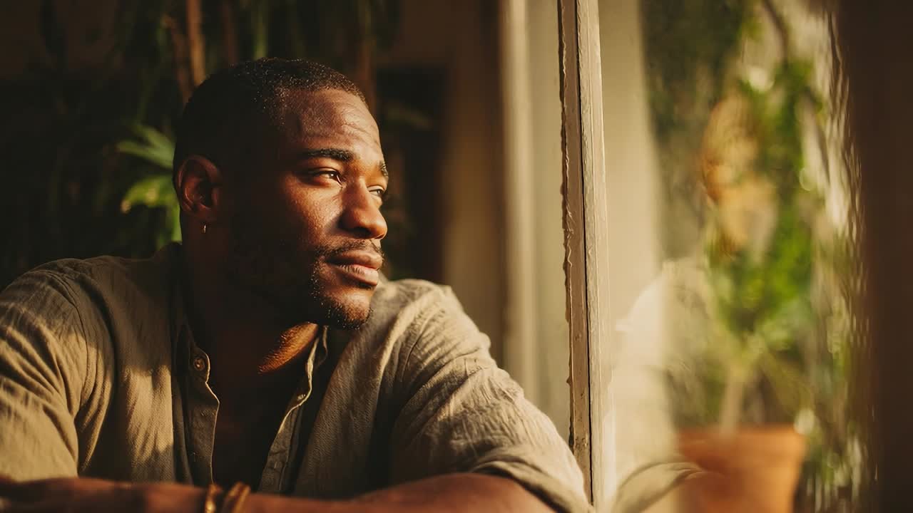 Man gazing thoughtfully out of a window in warm afternoon light