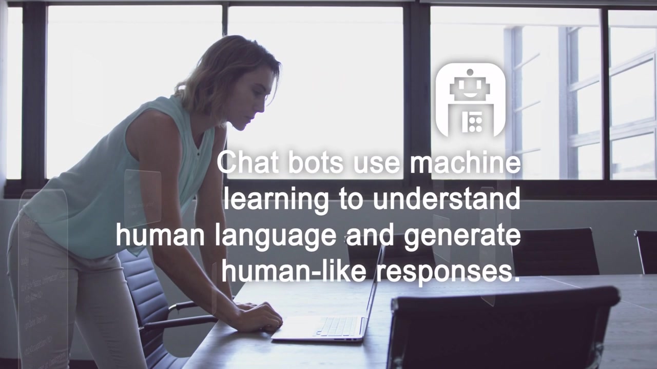 Donna che si china sul laptop al tavolo, facendo sì che un robot animato e del testo spieghino un chatbot per creatori.