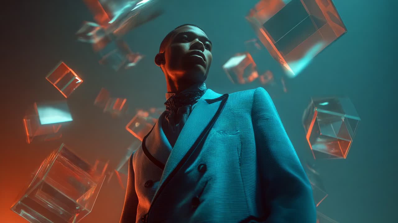 A Confident Portrait of a Young Man in a Stylish Suit Surrounded by Floating Geometric Cubes with a Dynamic Light Contrast, Featuring a Blend of Gradients in a Futuristic Atmosphere