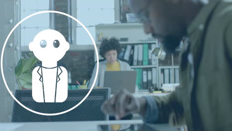 animación del ícono del hombre en círculo sobre diversas personas de negocios que trabajan en la oficina