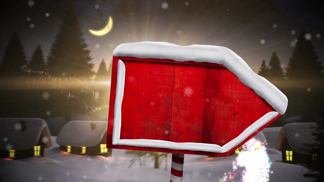 나무 화살표 위에 내리는 눈의 애니메이션 겨울 풍경에서 노래