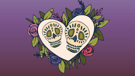 Animación-De-Calaveras-Decorativas-En-Corazón-Con-Marco-De-Flores