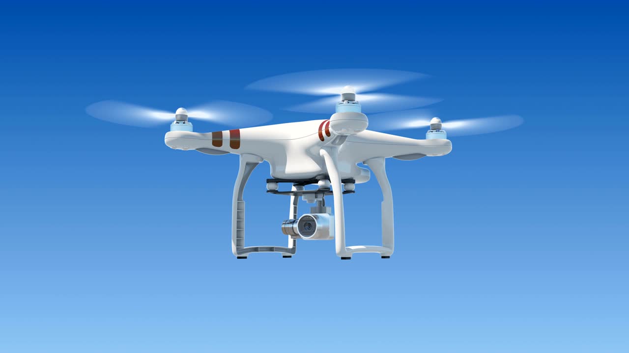 푸른 하늘에 매달린 드 터와 비디오 촬영, 녹색 스크린과 알파 마스크를 가진 완벽한 3d 애니메이션, 현대 전자 개념.