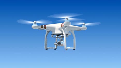 quadcopter colgando en el cielo azul y grabando video. animación 3d sin fisuras con pantalla verde y máscara alfa. concepto de electrónica moderna.
