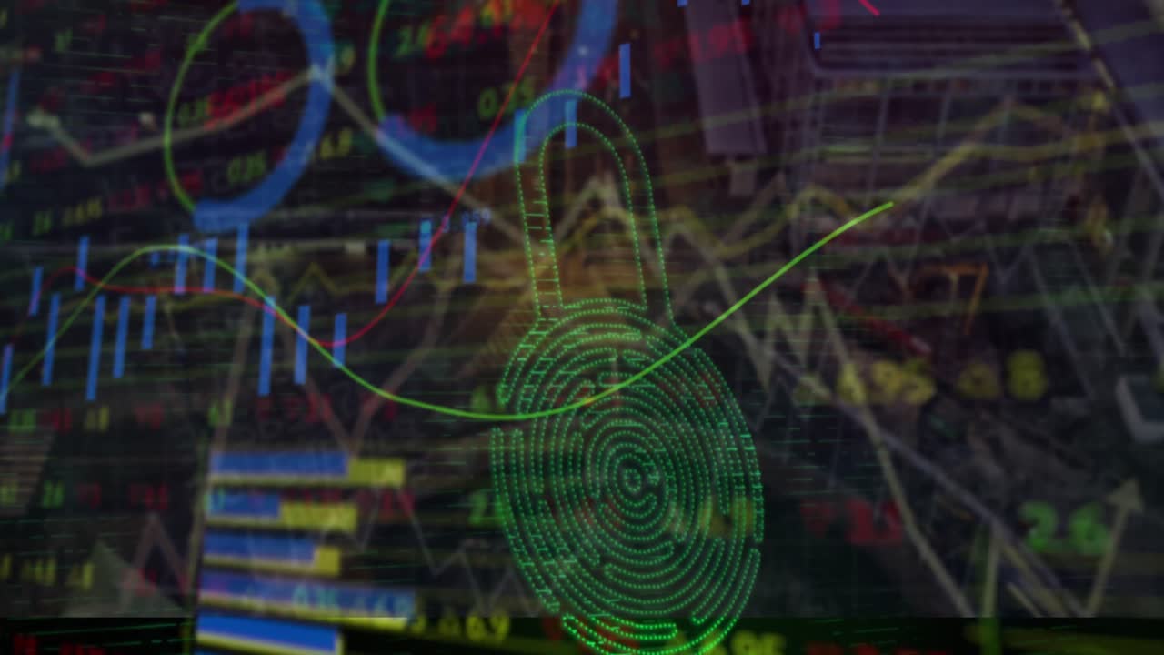 Animation of financial data, graphs and padlock with fingerprint over cityscape