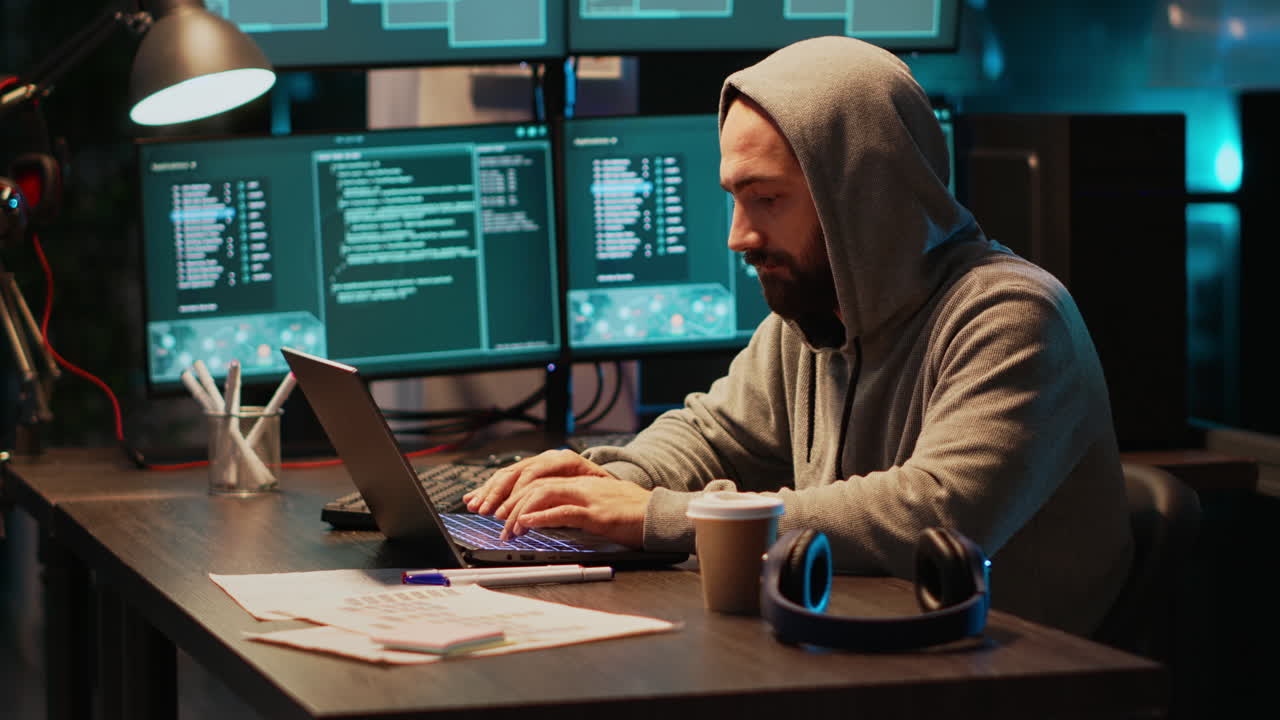 Hacker coding on a laptop in a dark room
