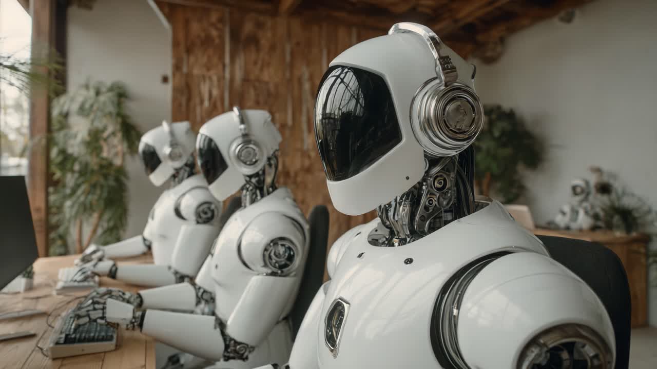 A trio of futuristic robots with sleek designs and headphones diligently working at their desks in a modern workspace, reflecting the intersection of technology and automation
