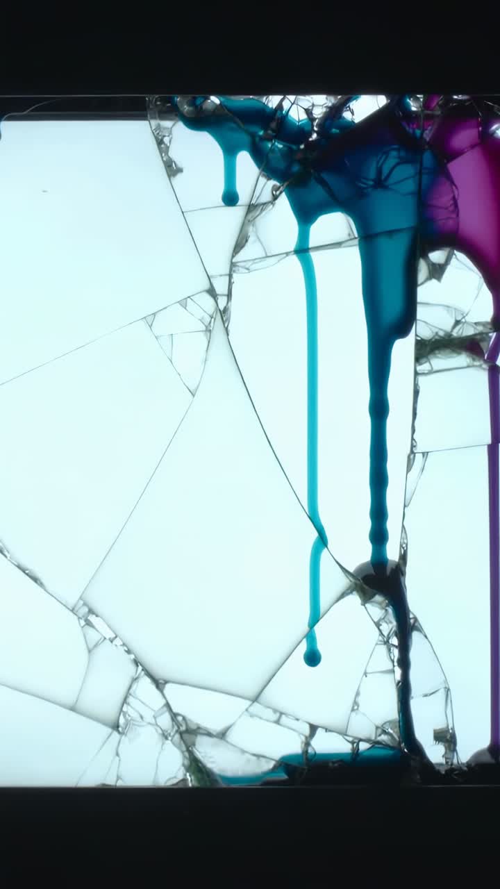 Vertical video: Dripping from cracks, teal and magenta liquids beading and falling on backlit glass