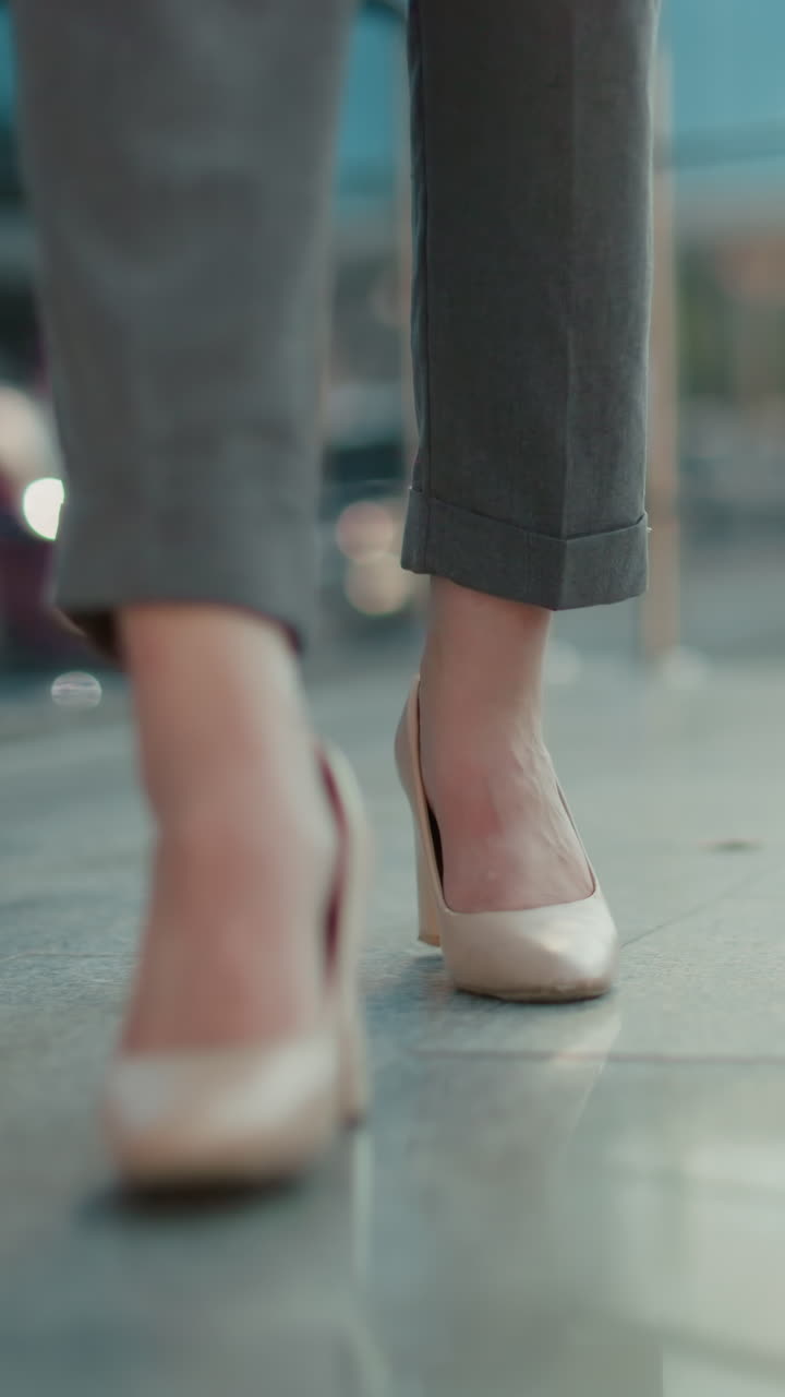 Leg view of lady walking in nude color heels beside glass reflecting surroundings and urban background, with soft lighting and smooth stride, conveying confidence
