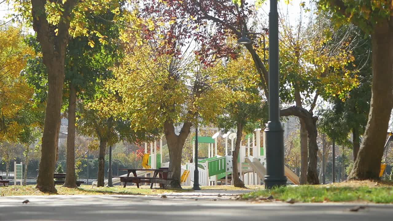 Autumn Park Scene with Playground