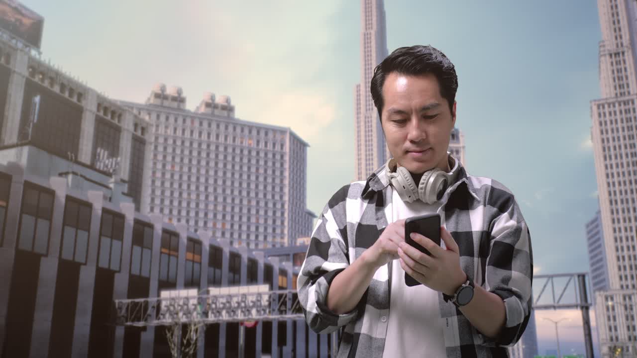 도시에서 일하는 건물 앞에 서서 스마트폰을 사용하는 헤드폰을 가진 아시아인 프리랜서