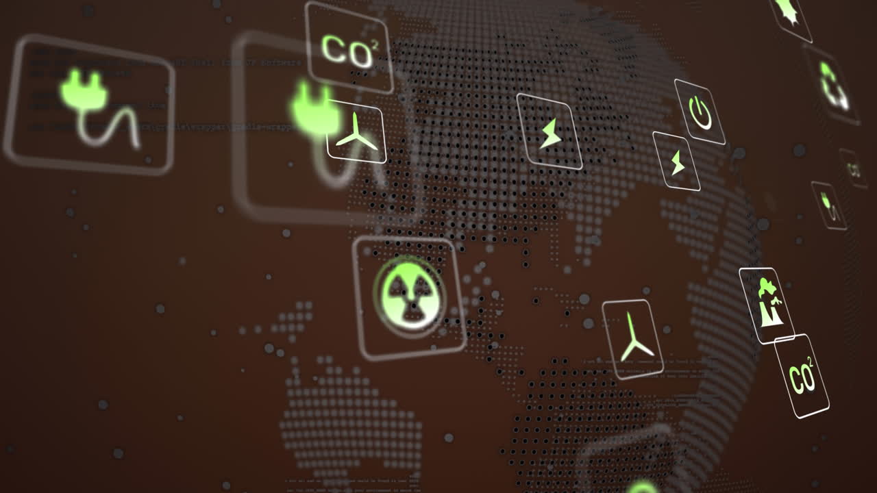 animación de iconos digitales y procesamiento de datos sobre un globo giratorio contra un fondo marrón.