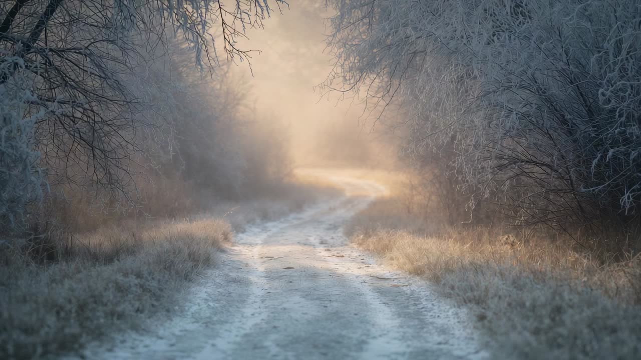 Illuminazione della pista sterrata e tortuosa, cosparsa di neve, immersa nel sole basso tra gli alberi ghiacciati, rivelando la nebbia