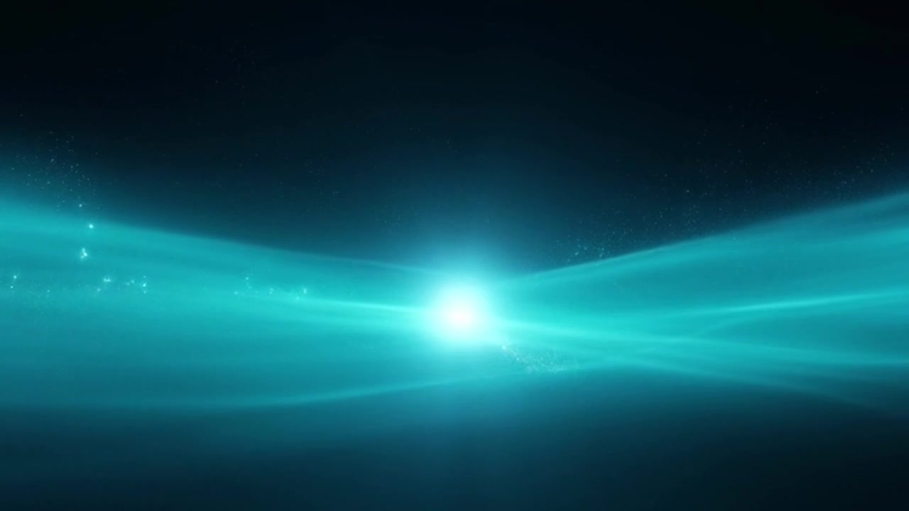 Abstract Teal Light Waves and Glowing Particles on Dark Background