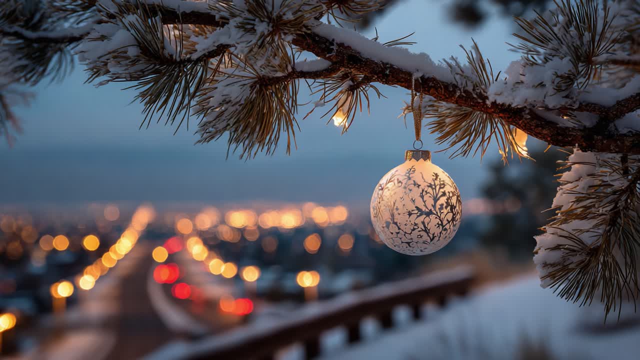 A Beautiful Snow-Draped Pine Branch with an Elegant Ornament Hanging, Illuminated by Soft Lights, Creating a Magical Winter Evening Scene