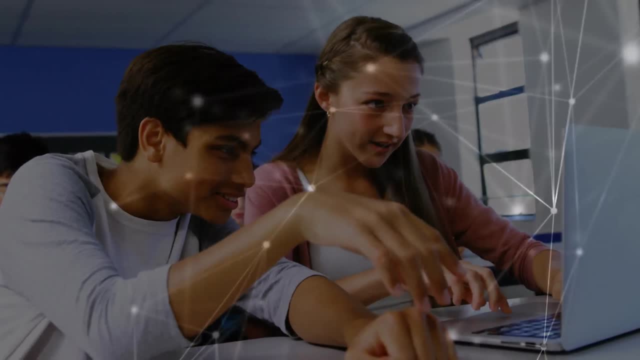 animación de la red de conexiones con iconos sobre los estudiantes en la escuela