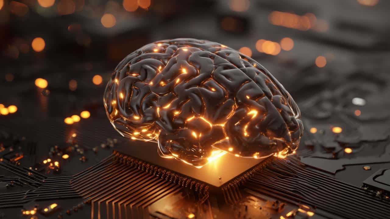 Una fusione di tecnologia e intelligenza: una visualizzazione futuristica di un cervello luminoso appoggiato su un circuito stampato, a simboleggiare l'intersezione tra neuroscienze e informatica