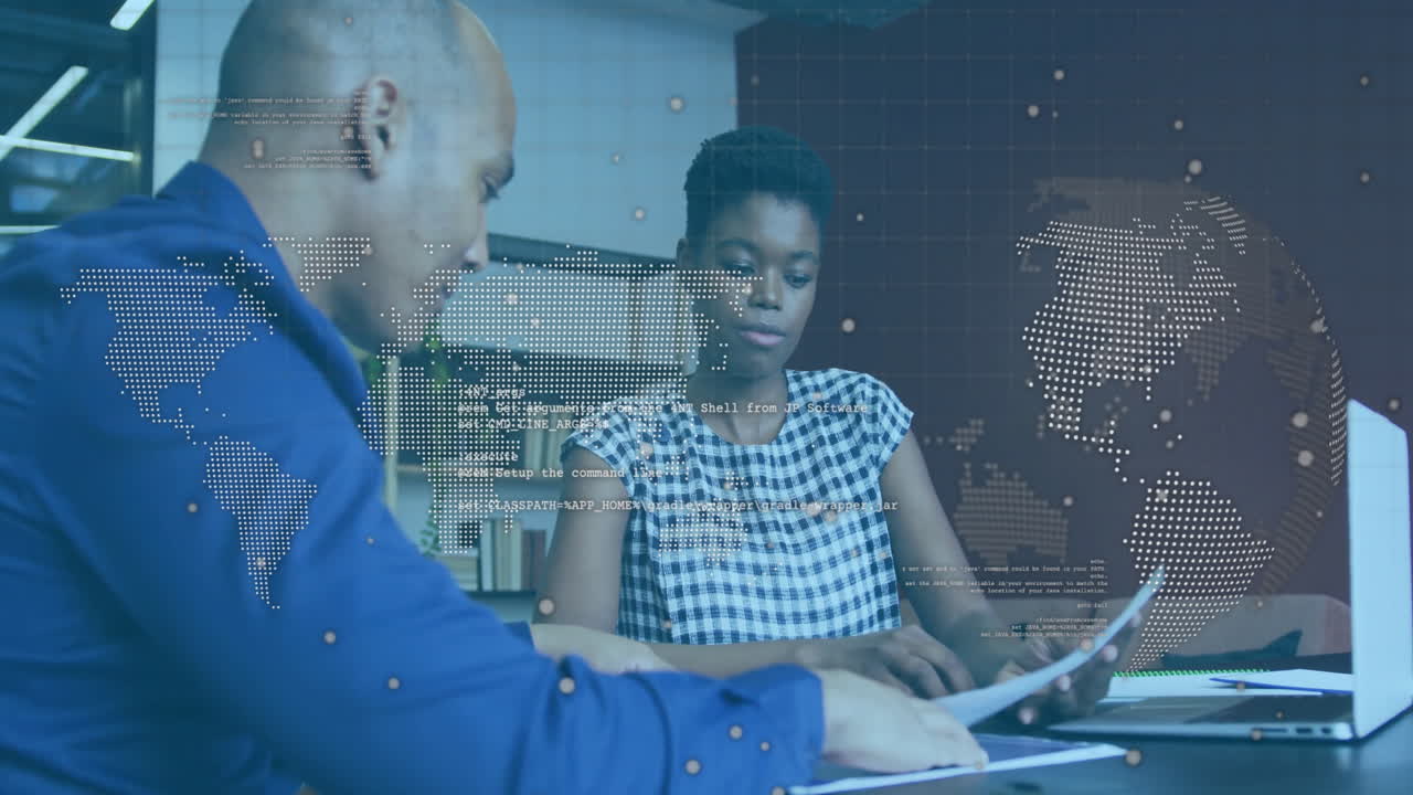 Collaborating with digital world map and data overlay, business professionals in office