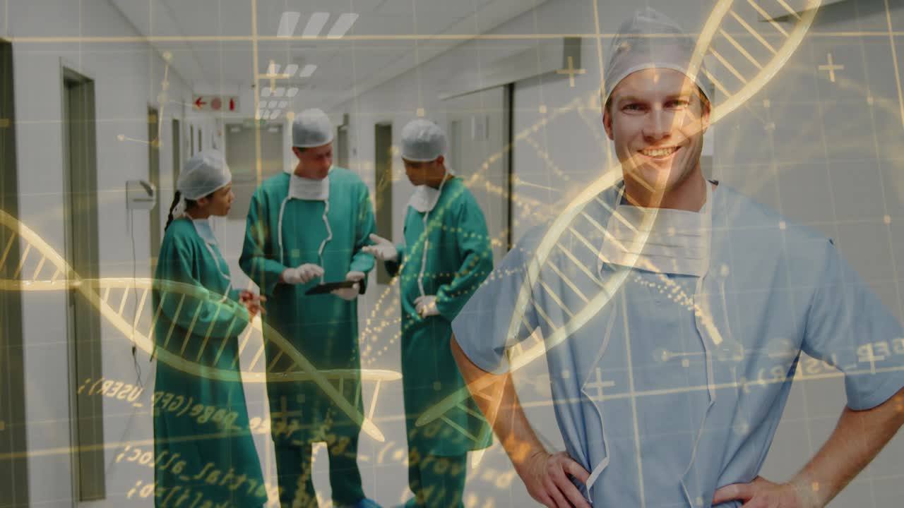 Elica di DNA animata che appare, un chirurgo avanza e il team controlla un tablet che mostra i geni.