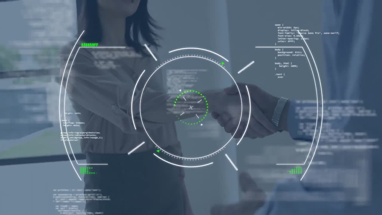 procesamiento de datos y escaneo de alcance sobre hombre de negocios y mujer de negocios estrechando la mano en la oficina