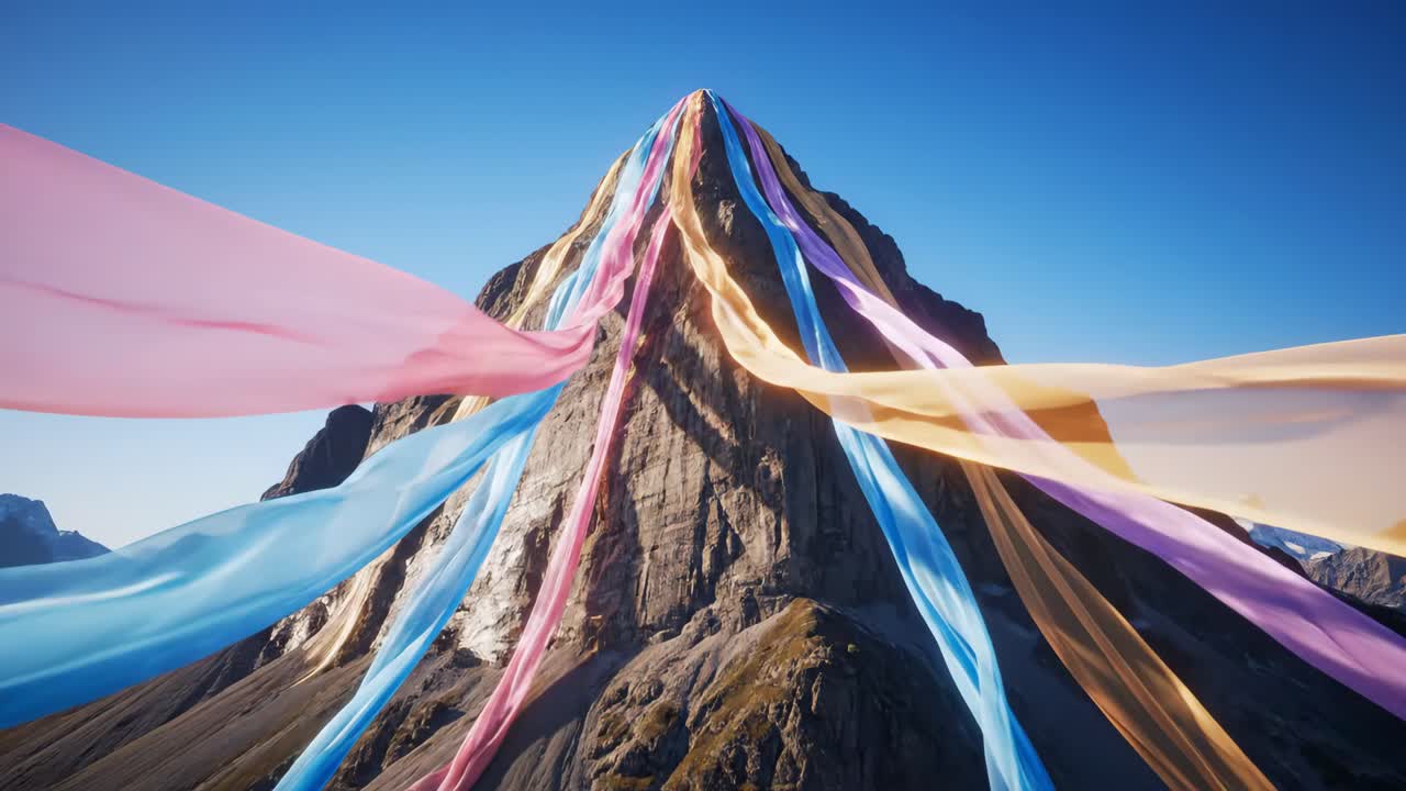 Mountain Peak with Flowing Colorful Fabrics