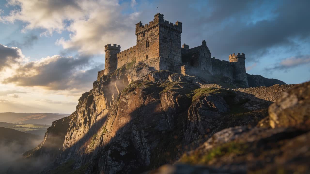 Il drone con telecamera avanza attraverso un crinale ripido, catturando un castello medievale, un sentiero e nebbia alla deriva.