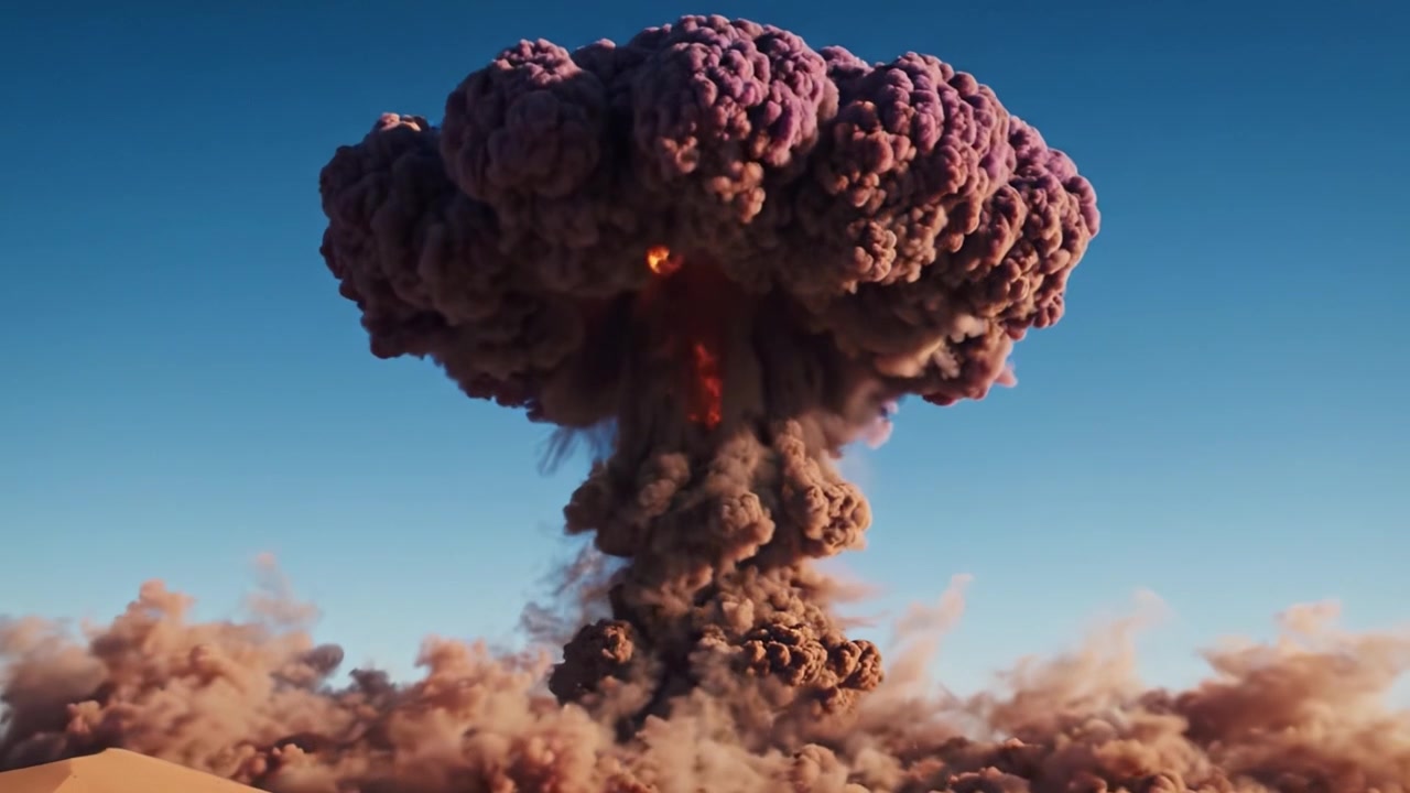 Uma Transformação Espetacular no Deserto: Testemunhando a Transição de uma Explosão Cegante para uma Enorme Nuvem de Fumaça e Detritos em Erupção Contra um Céu Limpo