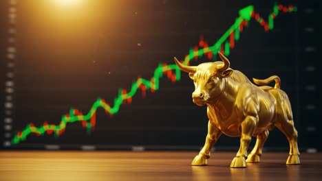 a golden bull symbolizing market optimism, close to a chart depicting significant growth trends, representing positive economic sentiment and investment potential
