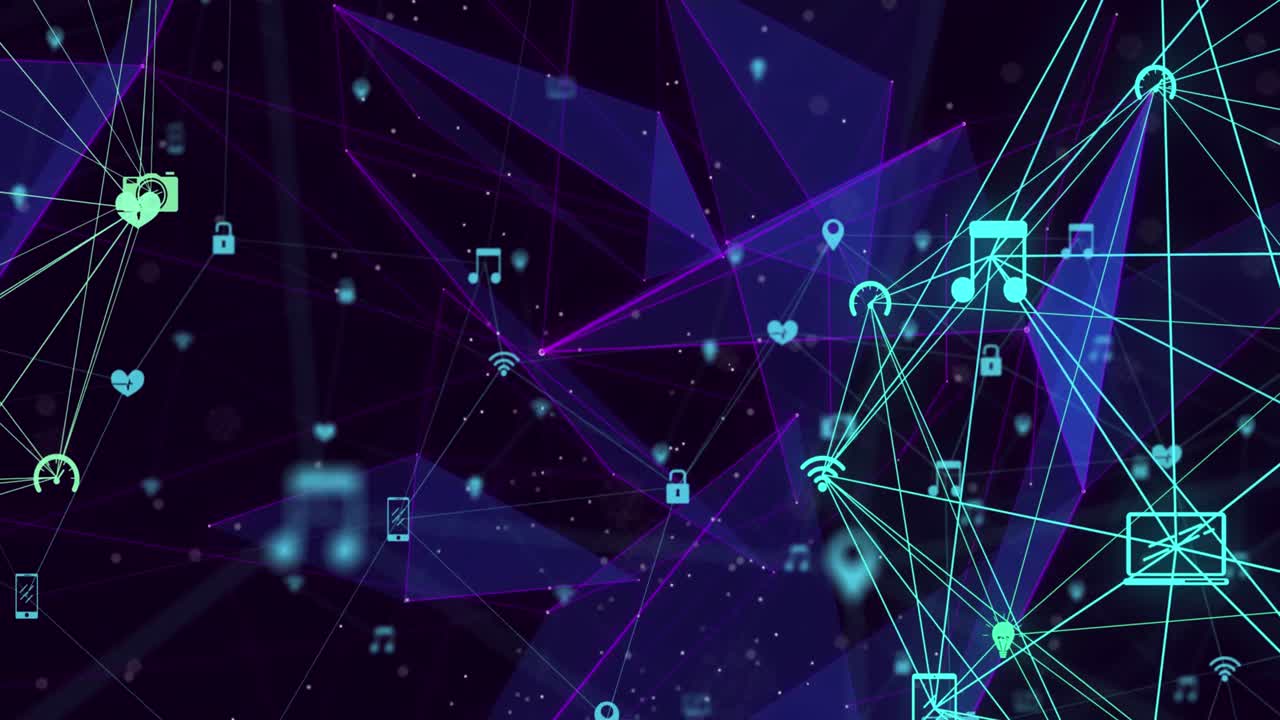 Digital animation of globe of digital icons spinning against plexus networks on black background