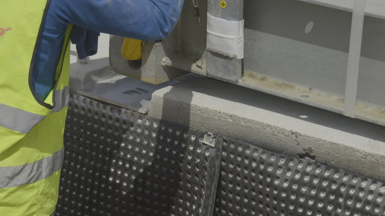 Close-up of worker guiding concrete piece being lowered onto base. End of crane-assisted movement - Israel