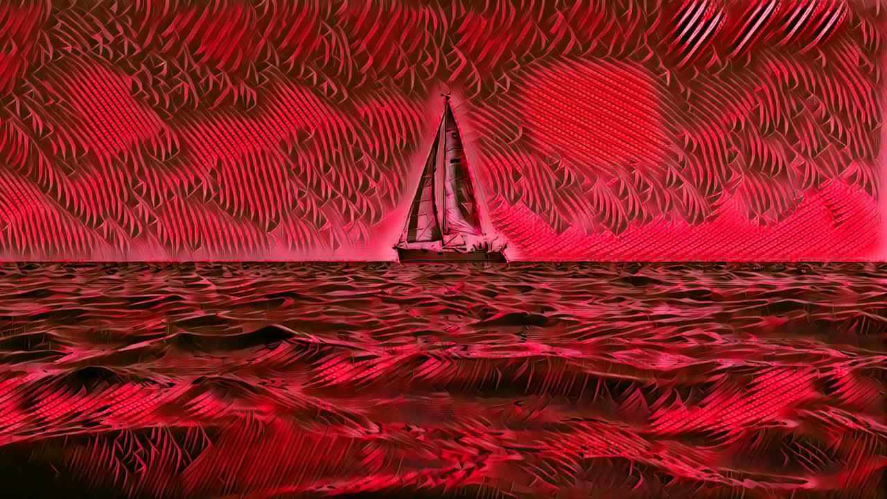 низкий угол уровень моря анимация небольшой яхты лодка плывет в спокойной воде открытого океана