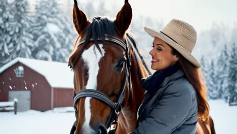 woman and horse in snowy winter scene