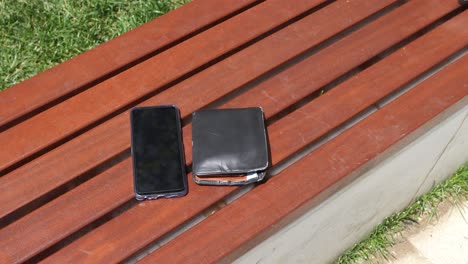 phone and wallet on a park bench