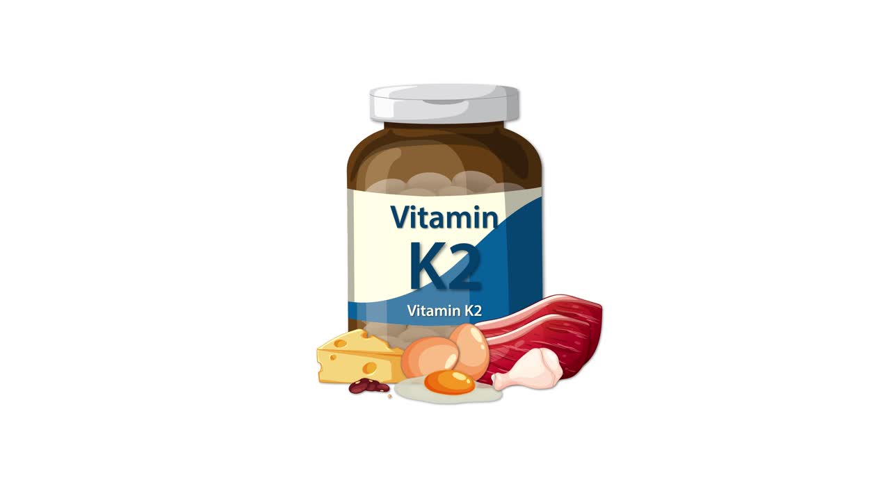 Vitamin K2 bottle with cheese, egg, meat, and garlic, smoothly transitioning on white background