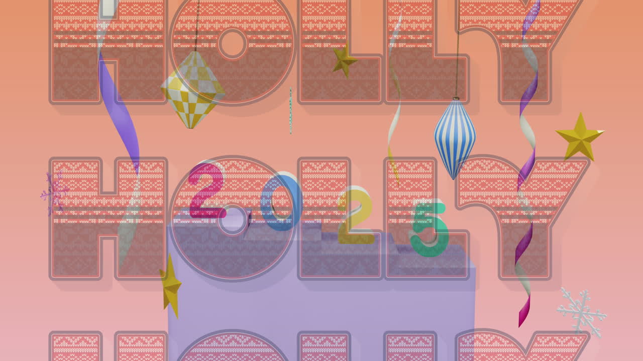 오렌지색 배경에 2025 텍스트와 장식 위에 홀리 텍스트의 애니메이션