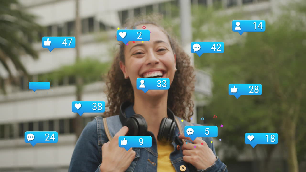 Woman surrounded by animation of social media icons outdoors, smiling at phone