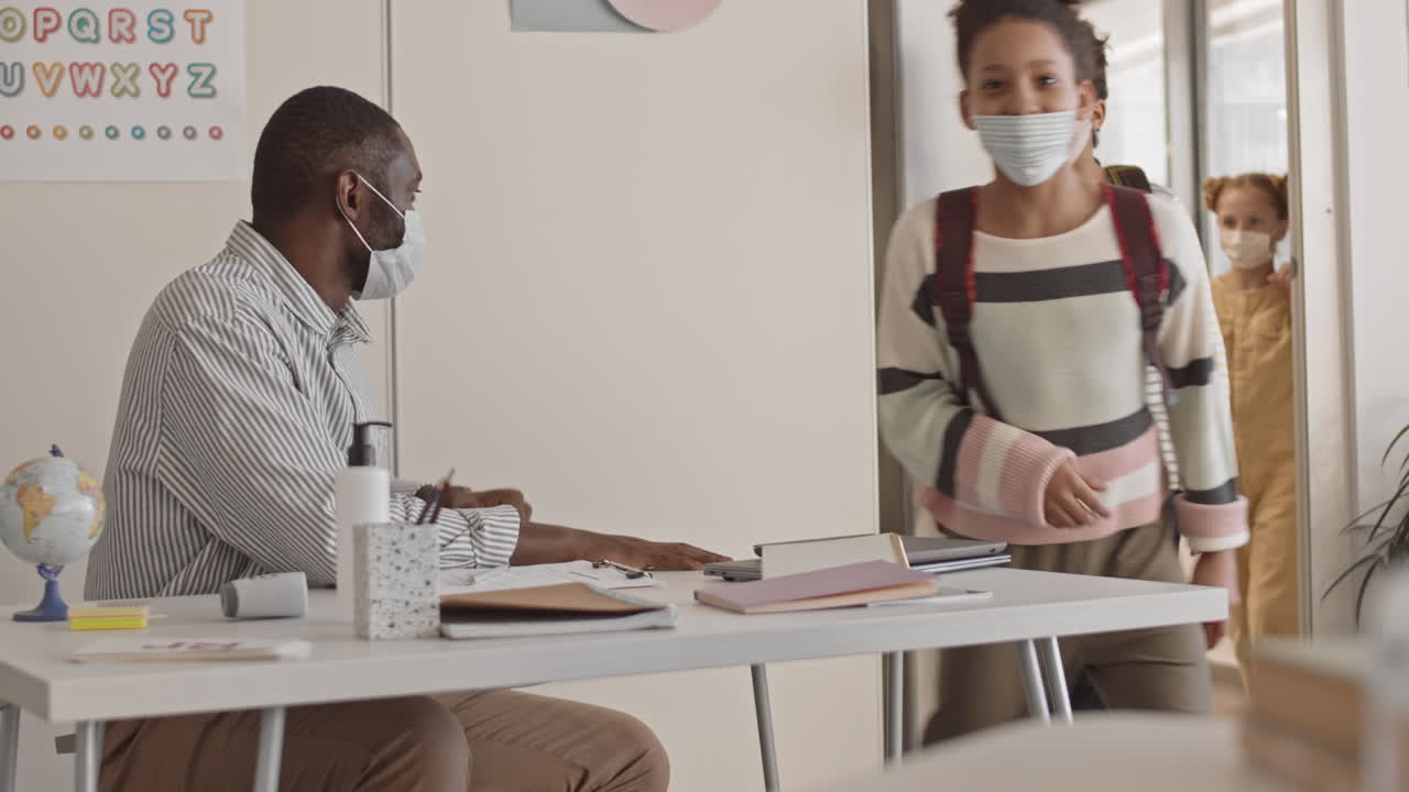 Schoolchildren Greeting Teacher in Non-Contact Way