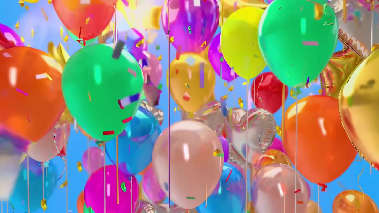 Globos de colores y confeti flotando contra un cielo azul brillante.