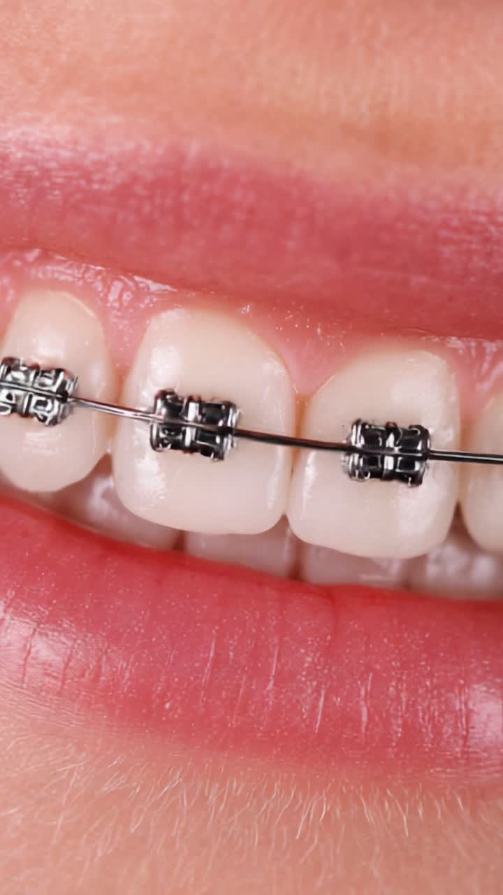 Close-Up View of Braces on Teeth, Showcasing Orthodontic Treatment and Dental Alignment in a Before and After Perspective
