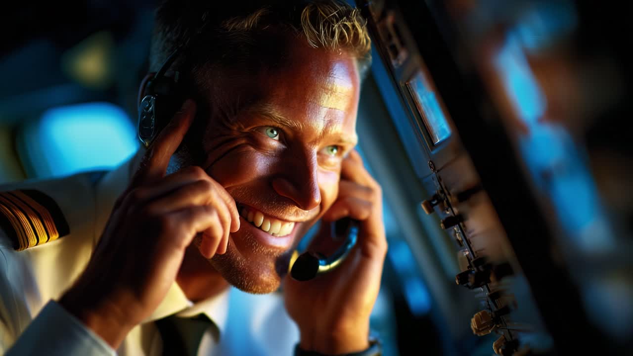 Pilota nella cabina di pilotaggio che comunica con espressione entusiasta, che irradia sicurezza e professionalità, catturando l'essenza dell'aviazione e delle operazioni di volo con dettagli straordinari