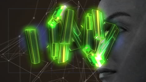 formas brillantes verdes en 3d contra el primer plano de la mujer y la red de conexiones sobre un fondo negro