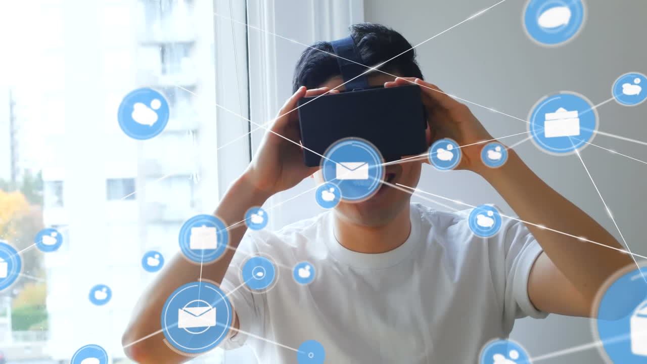 vr 헤드 ⁇ 을 착용한 사람 위에 아이콘으로 연결된 네트워크의 애니메이션
