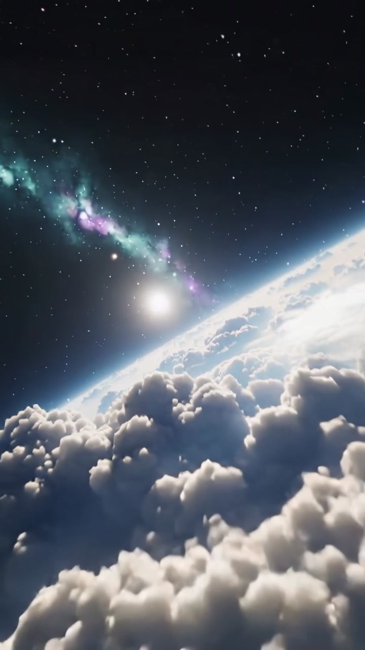 Vertical video: Camera descending bringing clouds forward, nebula moving, sun rising for space demo