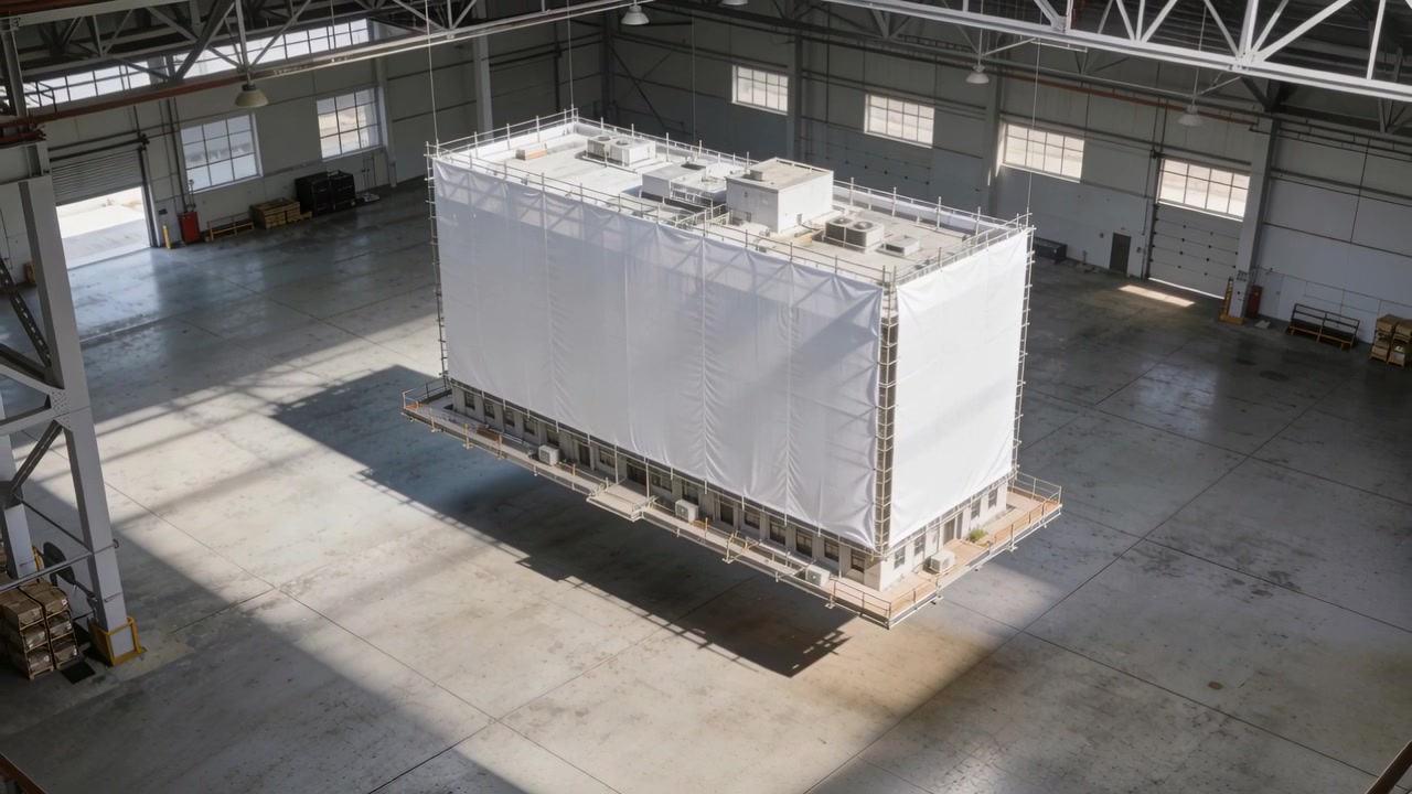 La luce del sole che cambia, la telecamera che si sposta dall'angolo dell'hangar, catturando un'unità imballata su slitta per l'ispezione.