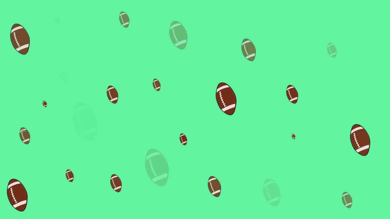 Animation of multiple rows of rugby balls on green background