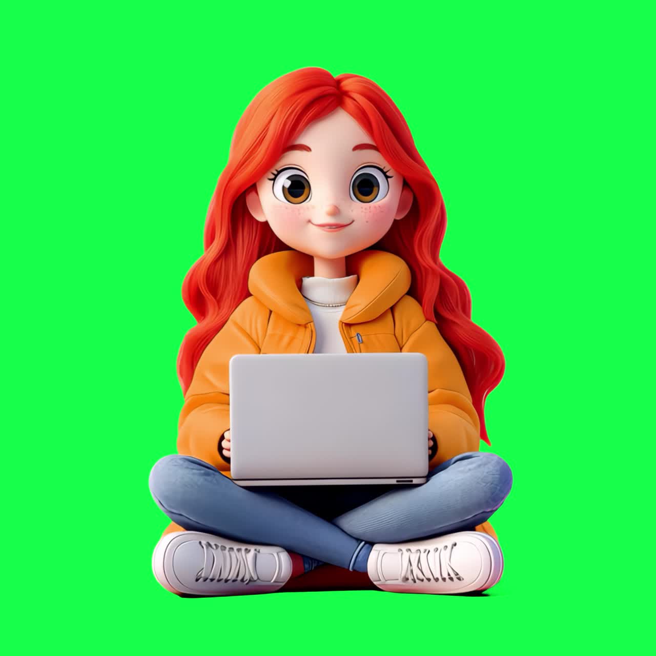 Animated girl using laptop animation, transparent 4K video, green screen